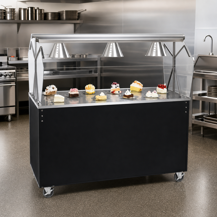 Product image #2 for Vollrath 2-Series Affordable Portable 46-Inch Mobile Utility Station with Stainless Steel Top, Open Storage Base, and Buffet Breath Guard with Lights