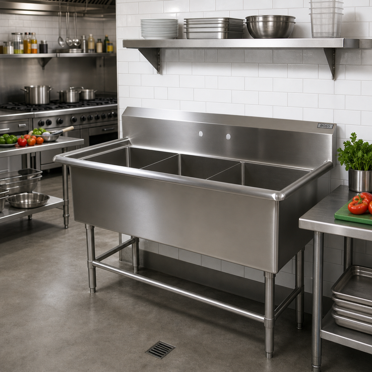 Product image #2 for John Boos Pro-Bowl 3-Compartment Stainless Steel Sink with Legs and 10-Inch Boxed Backsplash