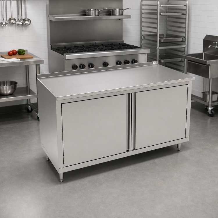 Product image #2 for John Boos 72-Inch x 24-Inch Cabinet Base Work Table with Hinged Doors, 16-Gauge Stainless Steel Top and 1-1/2-Inch Rear Up-Turn