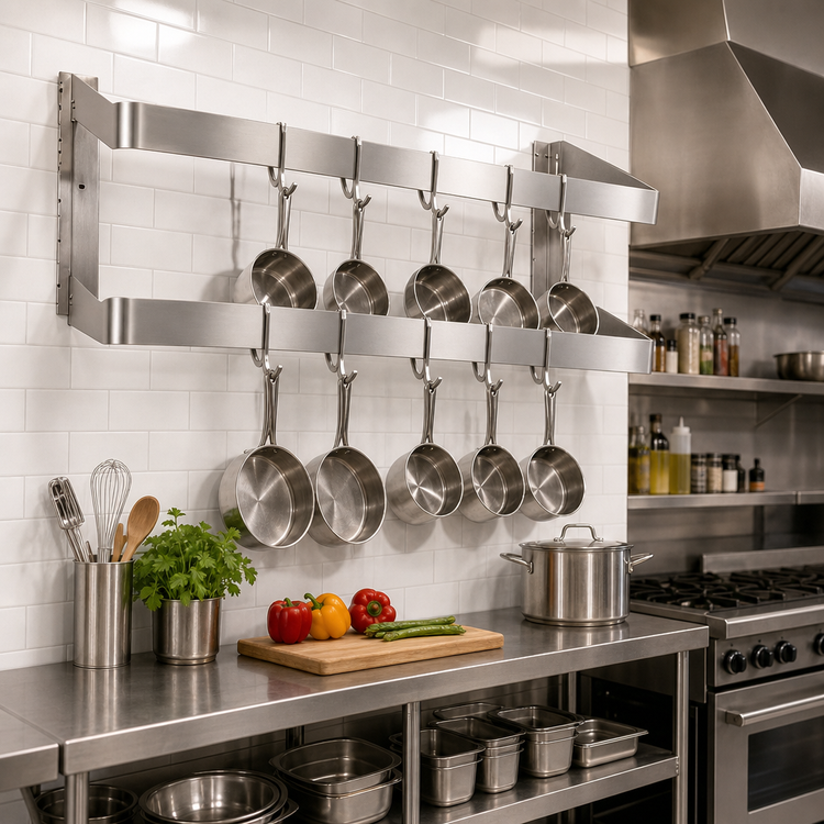 Product image #2 for Steel Works Stainless SW-60 Wall-Mount Double-Bar Stainless Steel Pot Rack, 60 Inch