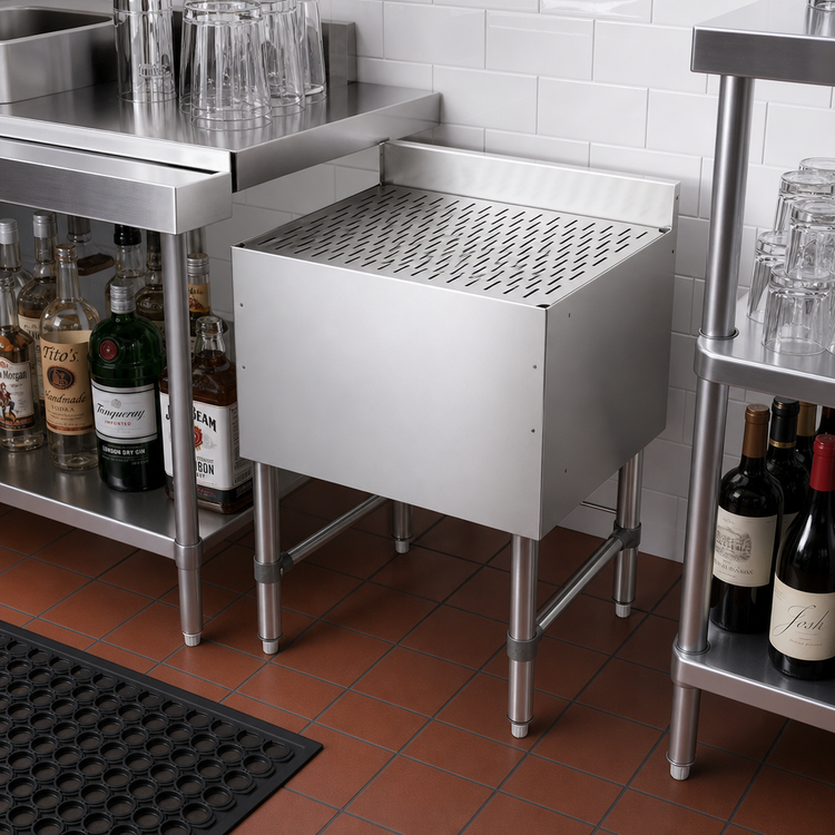 Product image #2 for John Boos Freestanding Open-Base Underbar Drainboard with Top Drain and Removable Perforated Insert, 24 x 21 x 32-1/2 Inches
