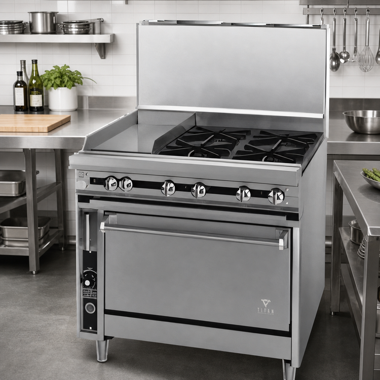 Product image #2 for Titan JTRH-24G-2-36 Heavy Duty 36-Inch Gas Range with 2 Open Burners and 24-Inch Griddle