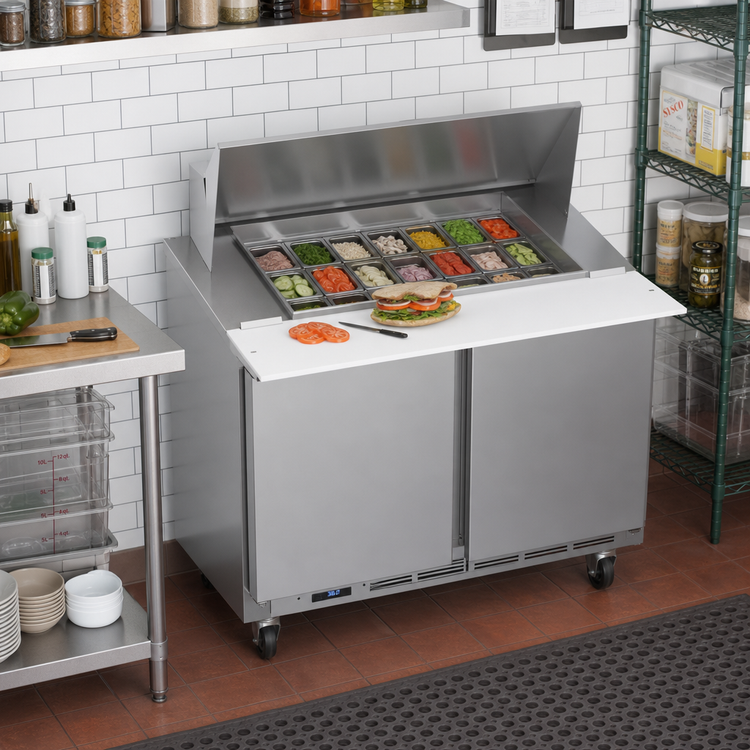 Product image #3 for Beverage Air Two-Section Mega Top Refrigerated Prep Table, 36-Inch Wide, 12-Pan Top