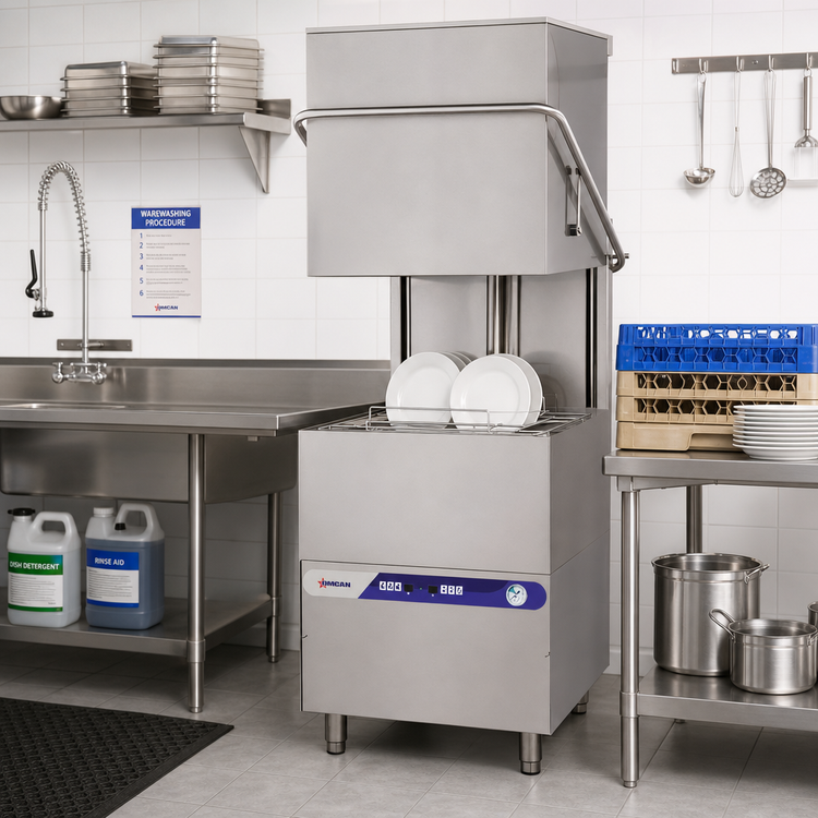 Product image #2 for Omcan Upright High-Temperature Door-Type Dishwasher with Digital Control, 20 x 20 Rack, 208-240V