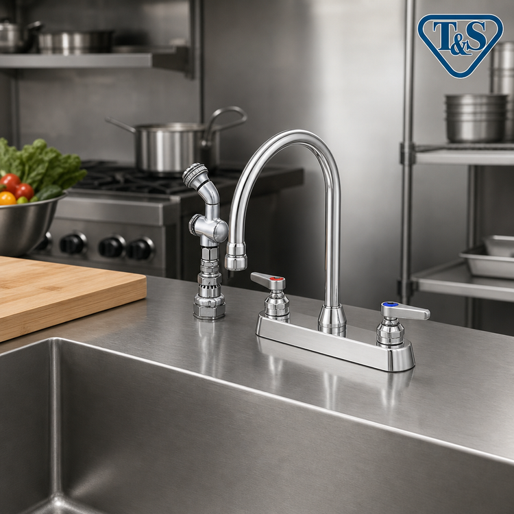 Product image #2 for T&S Brass B-1172-T Deck-Mount Workboard Faucet with 8-Inch Centers, Gooseneck, Diverter, Side Spray and Rose Spray