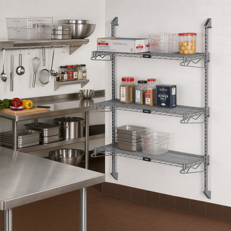 Product image #2 for Quantum Cantilever Wall-Mount Starter Shelving Kit with 3 Wire Shelves, Gray Epoxy Antimicrobial Finish