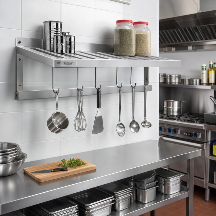 Product image #2 for Commercial T-Bar Wall-Mounted Aluminum Pot Rack Shelf, 60 Inch W x 20 Inch D