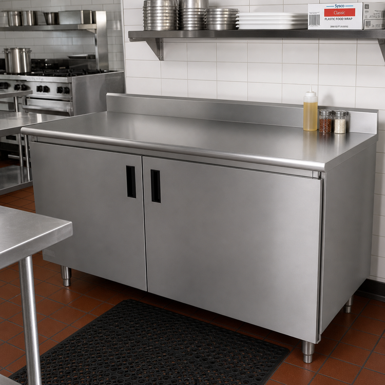 Product image #2 for Advance Tabco Special Value Economy Enclosed Work Table with Sliding Doors, 108W x 24D, 16 Gauge 304 Stainless Steel Top, 5-Inch Backsplash