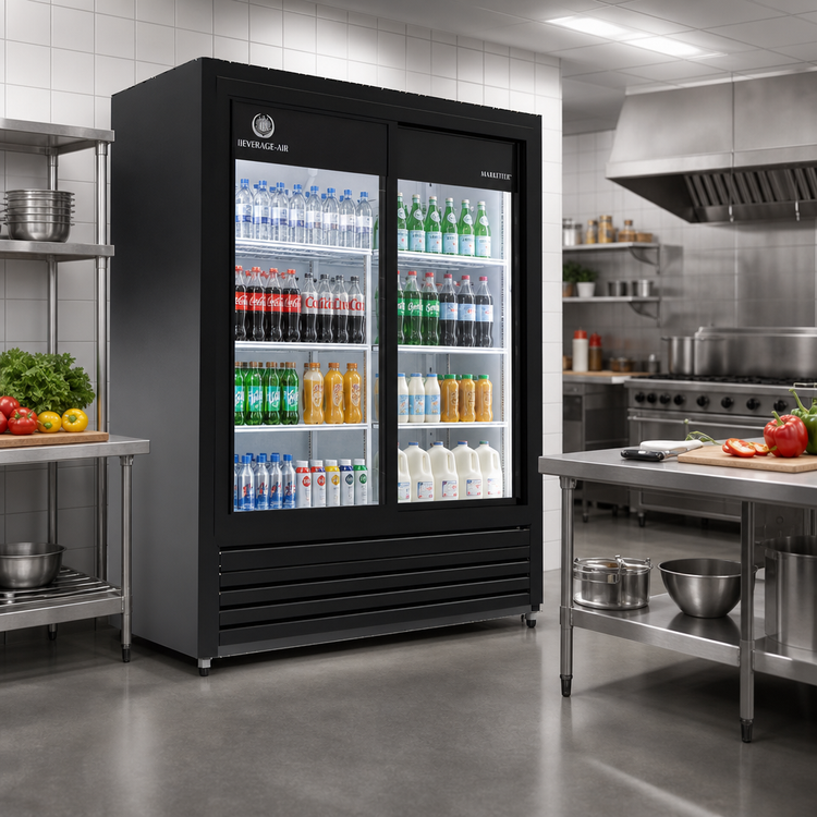 Product image #2 for Beverage-Air Marketeer Two-Section Reach-In Sliding Glass Door Refrigerated Merchandiser, 19.5 Cu. Ft., Black