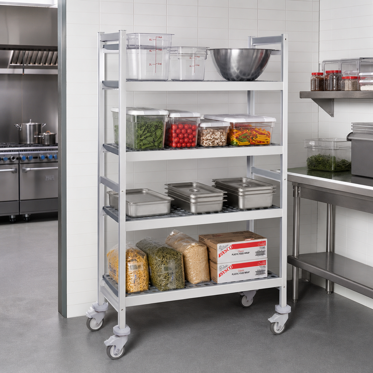 Product image #2 for Fermostock 4-Tier Perforated Mobile Polymer Shelving Unit, 47"W x 18"D x 71"H