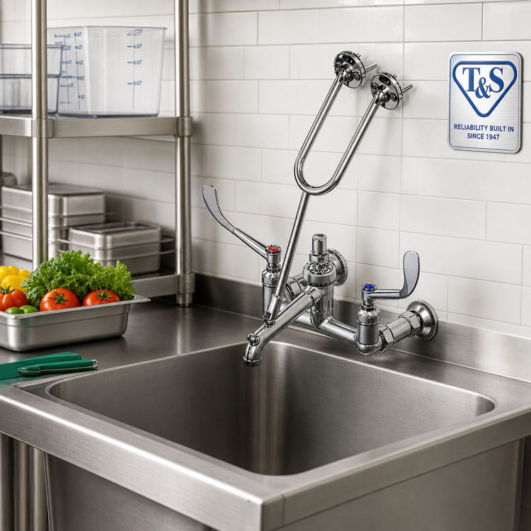 Product image #2 for T&S Brass Wall-Mounted Service Sink Faucet with 8-Inch Centers, Vacuum Breaker Hook Spout and 6-Inch Wrist Handles