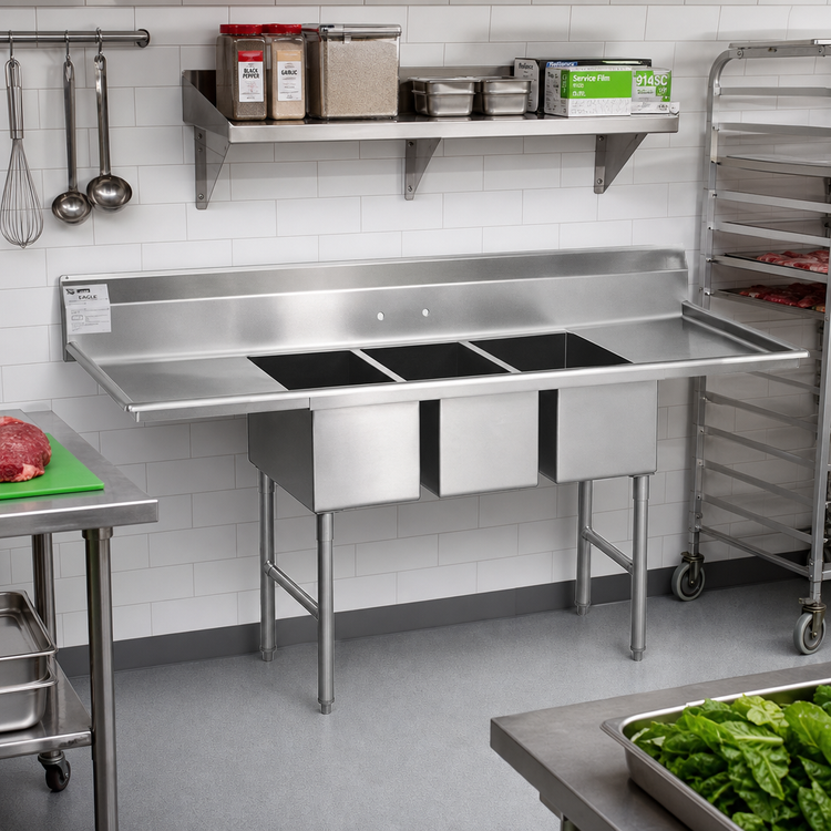 Product image #2 for Eagle Group Spec-Master Three-Compartment Supermarket Meat Platter Sink, 51 x 39 Inches, 14/304 Stainless Steel, No Drainboards