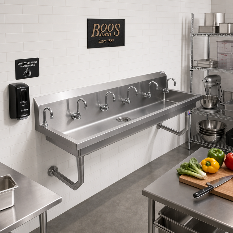 Product image #2 for John Boos 100-Inch Wall-Mount 5-Station Stainless Steel Hand Wash Sink with 5 Single Faucet Holes