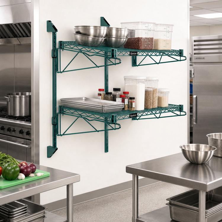Product image #2 for Quantum Wall-Mount Cantilever Double Shelf Wire Shelving Unit, 72 x 14 Inches, Green Epoxy Antimicrobial Finish