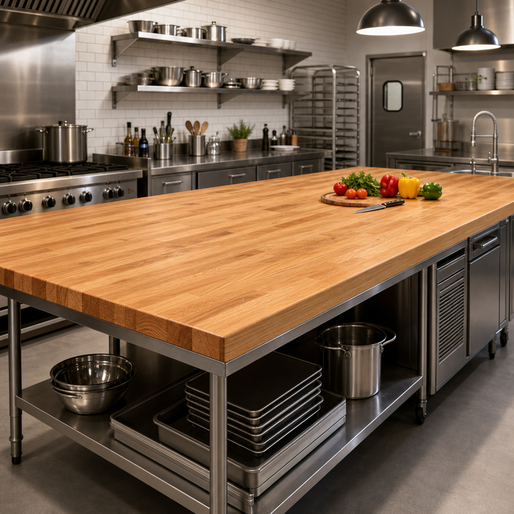 Product image #2 for John Boos Appalachian Red Oak Blended Rail Edge Grain Island Countertop, 144 x 48 x 1-3/4 Inch, Varnique Finish