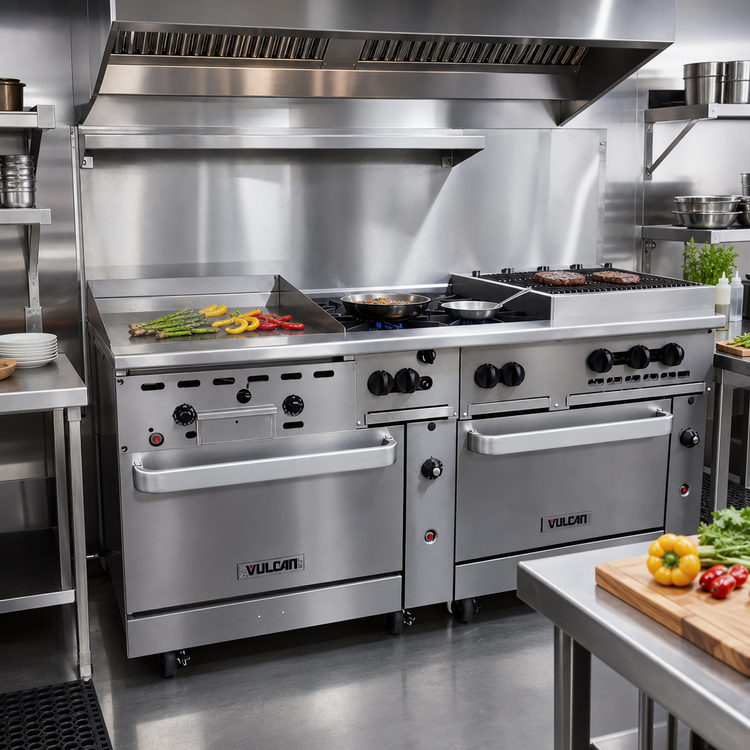 Product image #2 for Vulcan Endurance 72" Gas Restaurant Range with 4 Open Burners, 24" Griddle, 24" Charbroiler, and 2 Convection Ovens