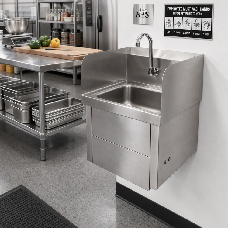 Product image #2 for John Boos Wall-Mounted Stainless Steel Hand Wash Sink with Knee-Activated Gooseneck Faucet, 14 x 10 Inch Bowl