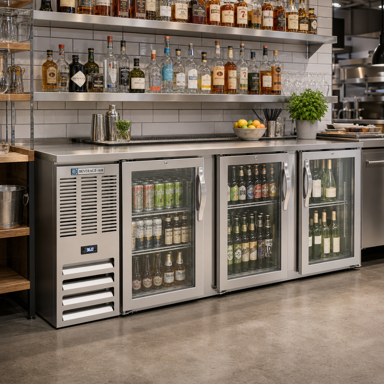 Product image #2 for Beverage-Air Three-Section Glass Door Food-Rated Back Bar Refrigerator, 78-Inch Wide, Left-Mounted Self-Contained Refrigeration