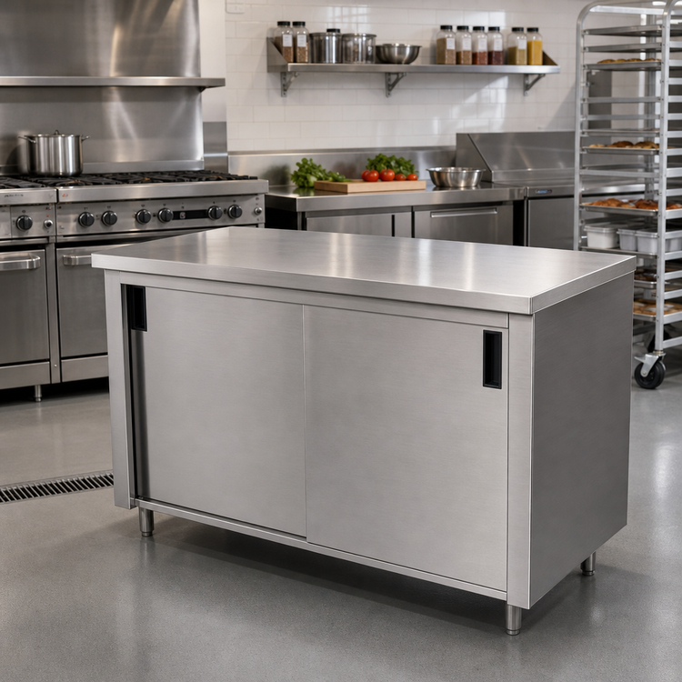 Product image #2 for Advance Tabco 48-Inch x 24-Inch Enclosed Work Table with Sliding Doors and 14-Gauge 304 Stainless Steel Top