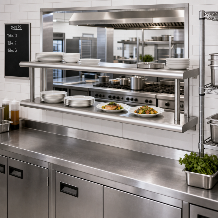 Product image #2 for BK Resources Double-Tier Wall-Mounted Pass-Through Shelf, 108 x 18 Inches, Stainless Steel