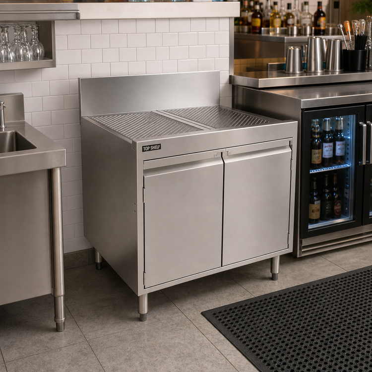 Product image #3 for Top Shelf Stainless Steel Full-Depth Underbar Storage Cabinet with Drainboard Top, 30" W x 24" D