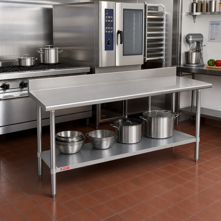 Product image #2 for 72 x 30 Inch 16-Gauge 400 Series Stainless Steel Work Table with 5 Inch Riser and Galvanized Undershelf