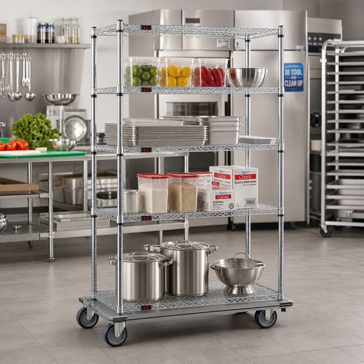 Product image #2 for Eagle Group 4-Tier Chrome Wire Shelving Dolly Truck, 36"W x 24"D x 69"H