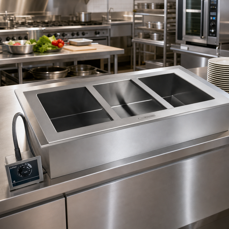 Product image #2 for Delfield N8845 Drop-In Single-Tank Electric Wet Hot Food Well, 3-Pan, with Drain and Remote Thermostat