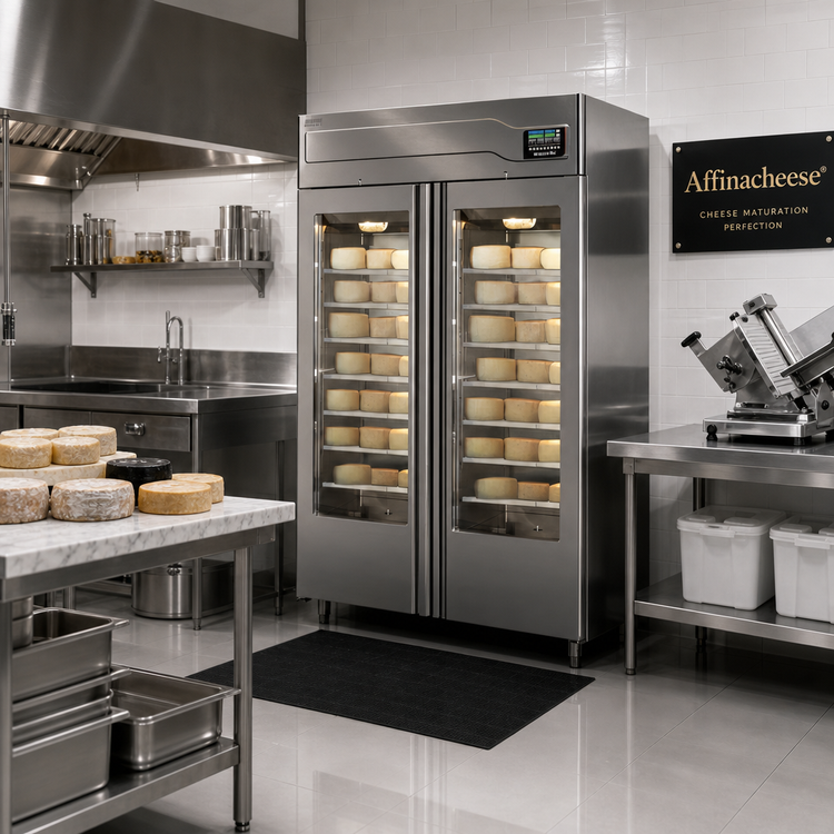Product image #2 for Affinacheese® Twin Section Reach-In Cheese Drying Cabinet with Full Hinged Glass Display Doors, 220 + 220 lb Capacity, Self-Contained Top-Mounted Refrigeration