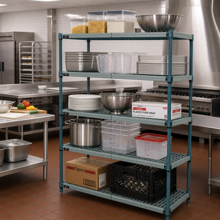 Product image #2 for Quantum 5-Tier Stationary Wire Plastic Mat Shelving Unit, 54-Inch W x 14-Inch D x 63-Inch H, Green Epoxy Coated
