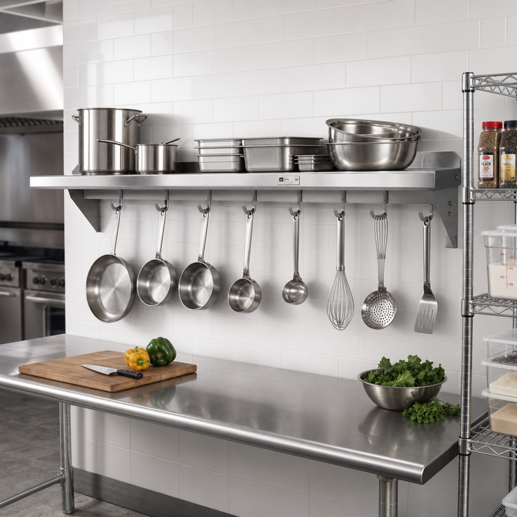 Product image #2 for John Boos Stallion 14-Gauge Stainless Steel Wall-Mount Pot Rack Shelf with 7 Hooks, 84W x 18D