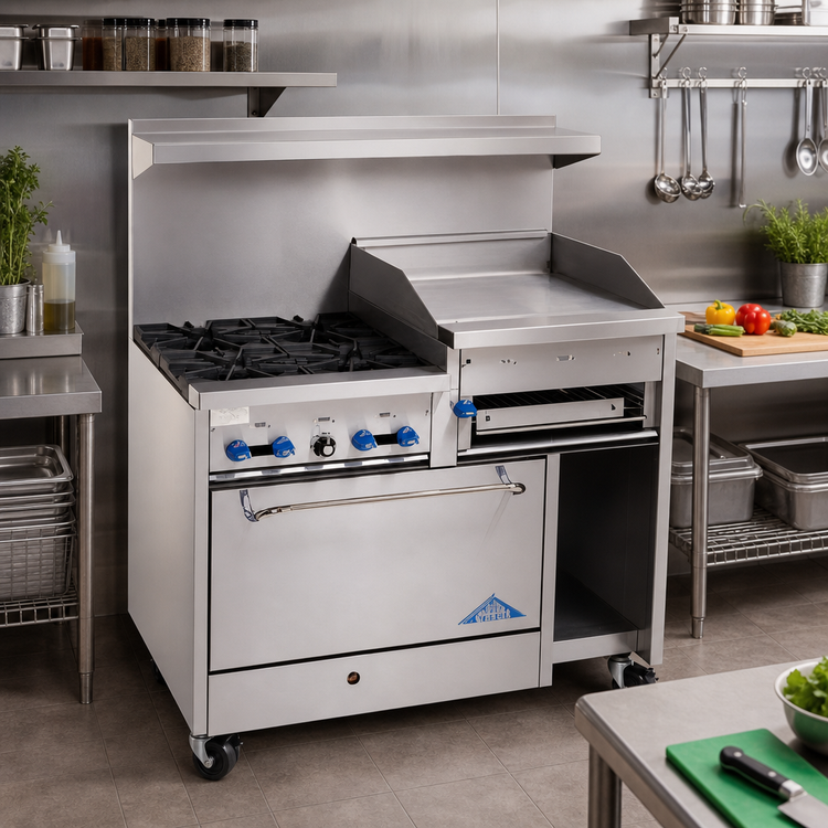 Product image #2 for Comstock-Castle 48-Inch Commercial Gas Range with 4 Open Star Burners, 24-Inch Raised Griddle/Cheesemelter, 31-Inch Oven and Cabinet Storage Base