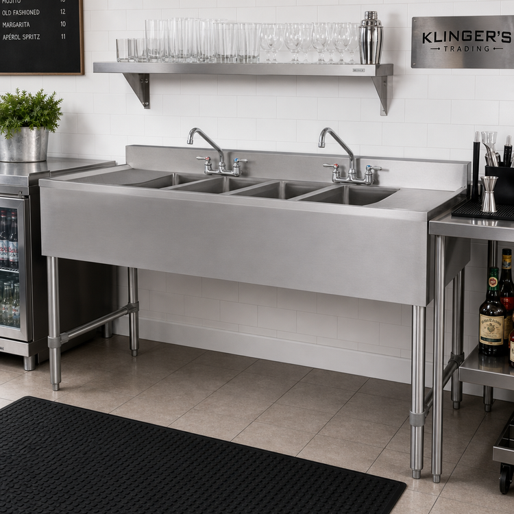Product image #2 for Klinger's Trading Four-Compartment Stainless Steel Underbar Sink with Drainboards and Faucets