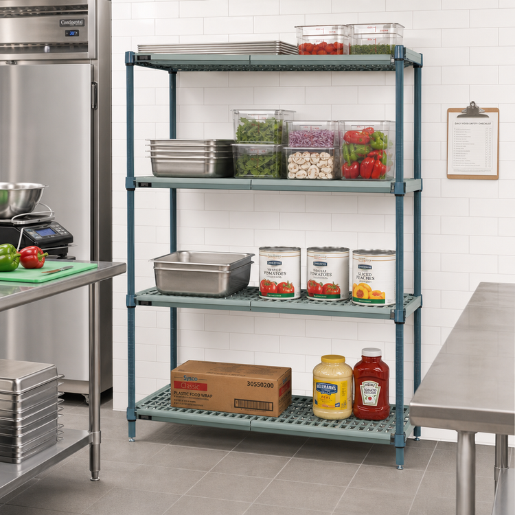 Product image #2 for Quantum Stationary 4-Tier Wire Plastic Mat Shelving Unit, 72W x 18D x 74H, Green Epoxy Antimicrobial