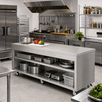 Thumbnail image #2 for Duke Manufacturing Thurmaduke TST-88SS 88" Mobile Solid Top Stainless Steel Utility Counter, 16 Gauge Top, Undershelves, Locking Casters