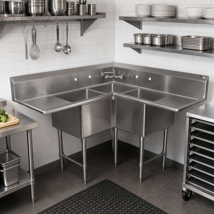 Product image #2 for John Boos Pro-Bowl 3-Compartment Corner Sink with Dual Drainboards, 16-Gauge Stainless Steel