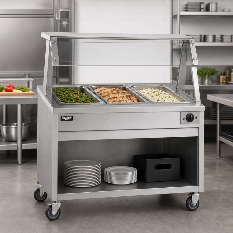 Product image #2 for Vollrath 2-Series 3-Well Portable Hot Food Station, 120V, with Buffet Breath Guard and Open Storage Base