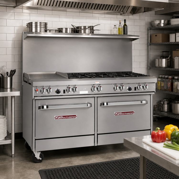 Product image #2 for Southbend Ultimate 60-Inch Gas Restaurant Range with 6 Star/Sauté Burners, 24-Inch Griddle, Convection Oven and Cabinet Base