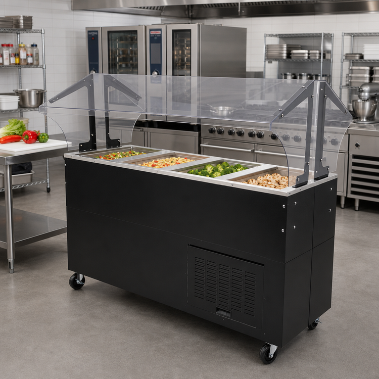 Product image #2 for Advance Tabco 4-Pan Mobile Cold Pan Serving Counter with Double-Sided Sneeze Guard