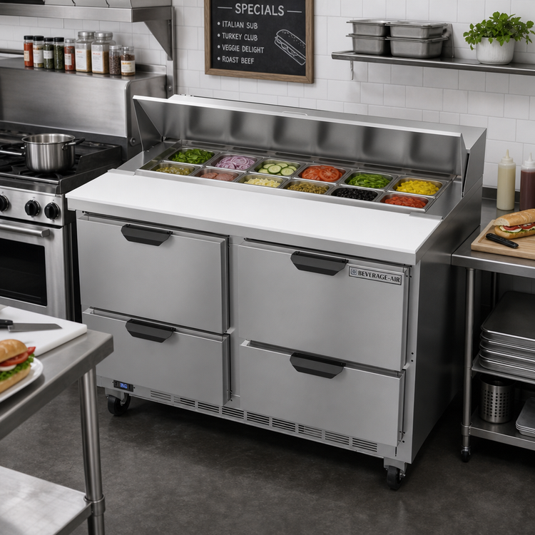 Product image #3 for Beverage-Air 48-Inch Two-Section Sandwich Top Refrigerated Counter with 12-Pan Top and 4 Drawers