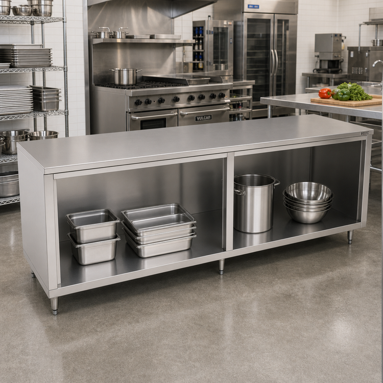 Product image #2 for John Boos 120"W x 36"D 14-Gauge 300-Series Stainless Steel Flat Top Open Front Cabinet Base Work Table