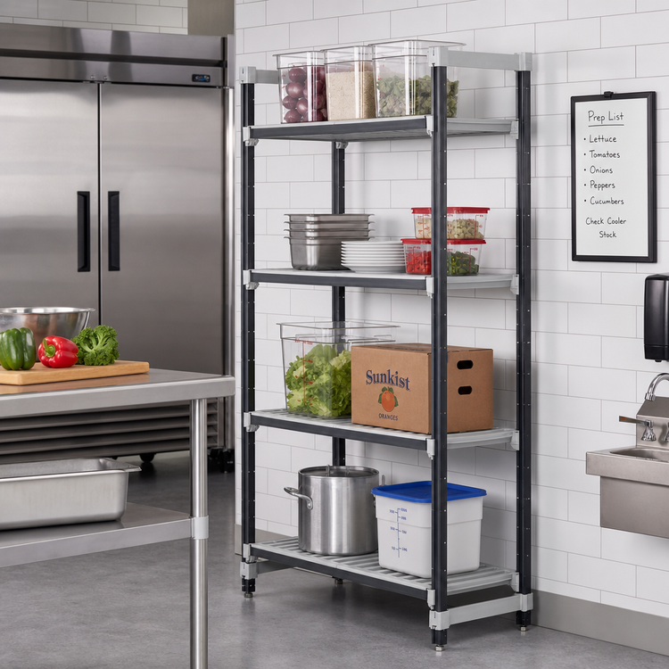Product image #2 for Cambro Camshelving Elements XTRA Stationary Starter Unit, 18 x 30 x 72 Inches, 4-Tier Polymer Shelving, Speckled Gray