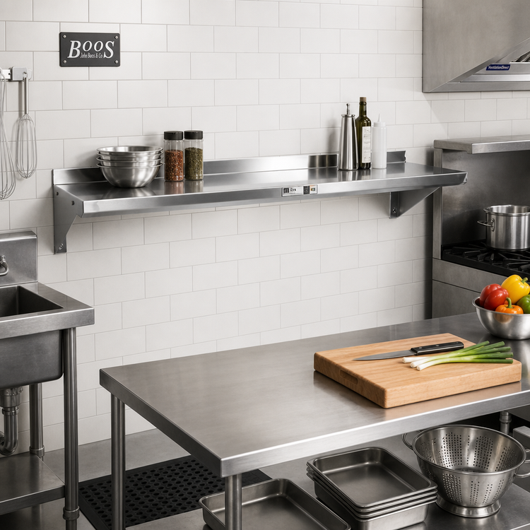 Product image #2 for John Boos Stallion 72-Inch x 12-Inch 16-Gauge Stainless Steel Wall-Mounted Shelf with 1-1/2-Inch Rear Riser