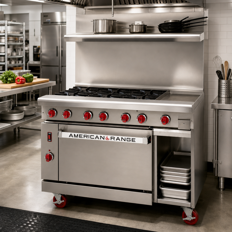 Product image #2 for American Range Green Flame 48-Inch Commercial Gas Range with 24-Inch Griddle, 4 Open Burners, Standard Oven, and Storage Base