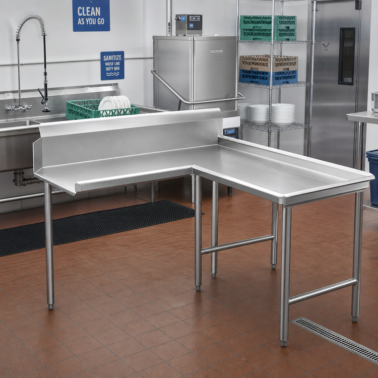 Product image #2 for Advance Tabco L-Shaped Island-Clean Right-Hand Dish Table, 83 Inch, 14 Gauge 304 Stainless Steel