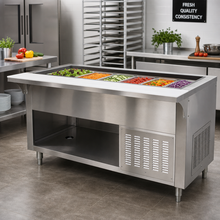 Product image #2 for Advance Tabco 6-Pan Self-Contained Refrigerated Cold Pan Buffet Station with Open Rear Base, 93-1/8 Inch W x 36-1/4 Inch D