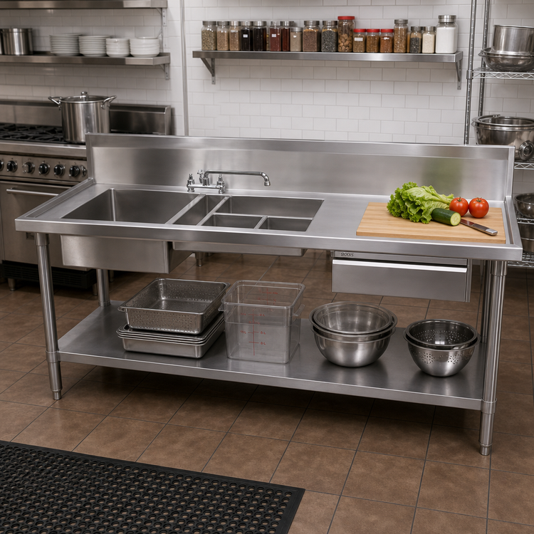 Product image #2 for John Boos 72-Inch Stainless Steel 2-Compartment Prep Table Sink with Left-End Sinks, 10-Inch Backsplash, Drawer, and Cutting Board