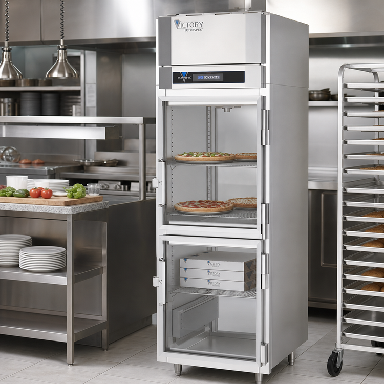 Product image #2 for Victory UltraSpec™ Pass-Thru Heated Pizza Holding Cabinet, 1-Section, 21.5 Cu. Ft., Standard Depth, 4 Half-Height Glass Doors