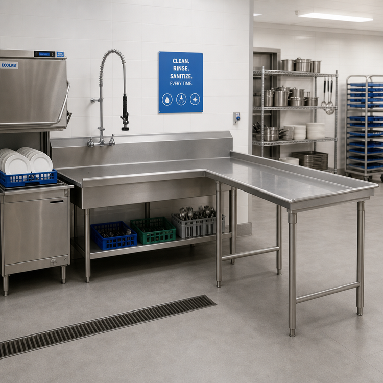 Product image #2 for Advance Tabco Island-Style L-Shaped Clean Dishtable, Right-Side Attachment, 95-Inch Long, 14-Gauge 304 Stainless Steel