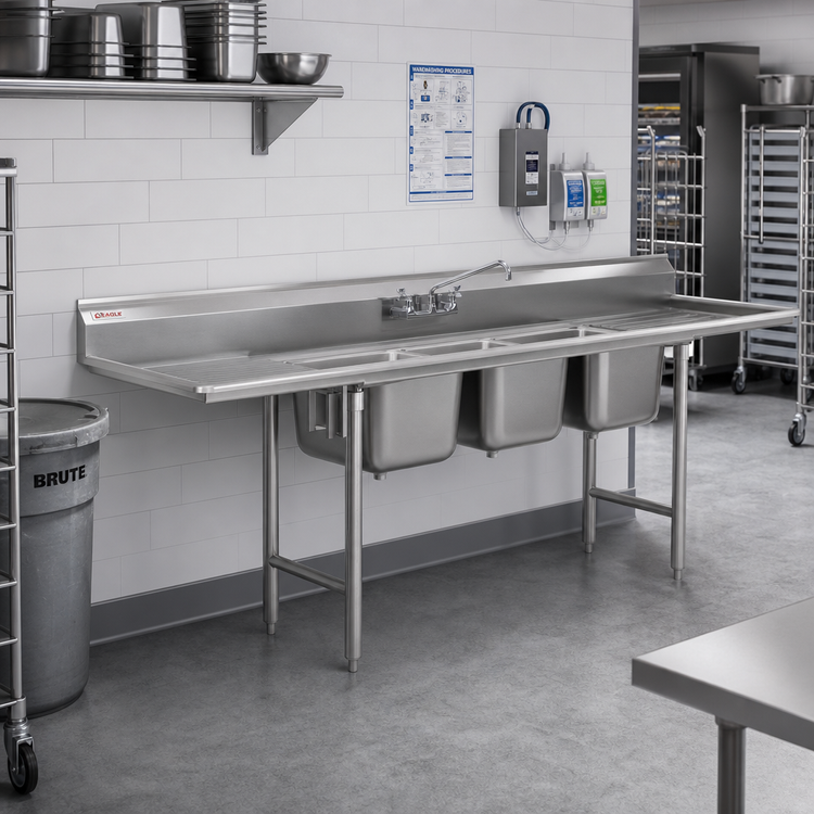 Product image #2 for Eagle Group 90-Inch Wide Three-Compartment Coved Corner Sink with Dual 18-Inch Drainboards